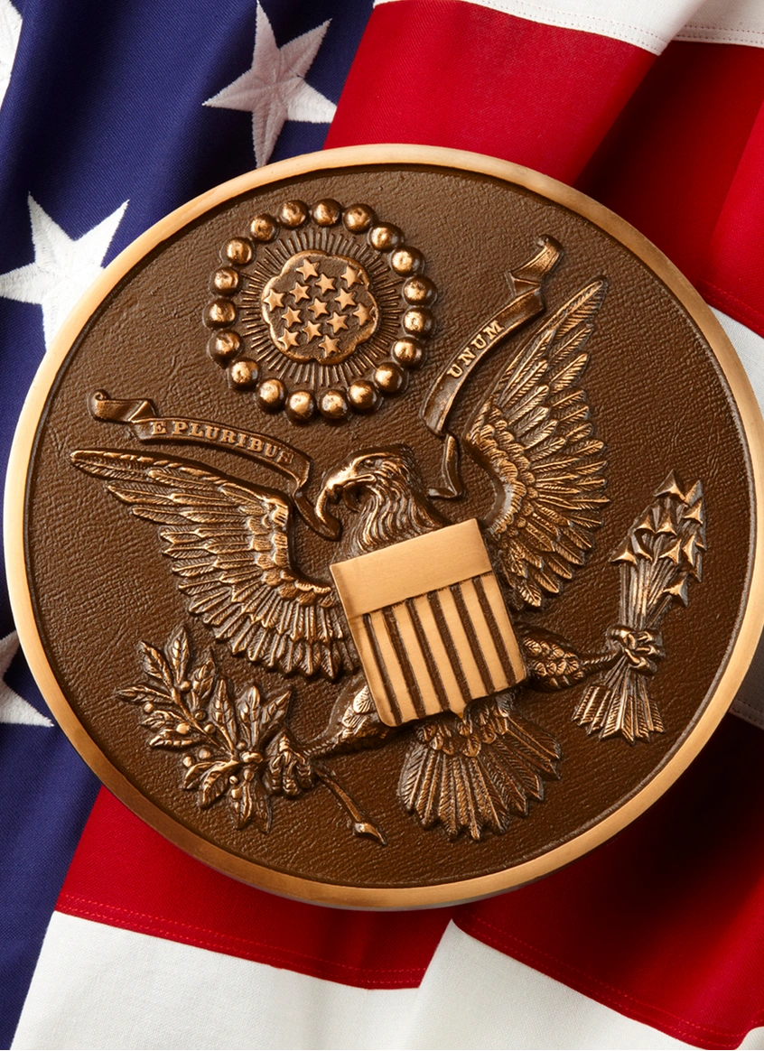 Bronze seal on American flag